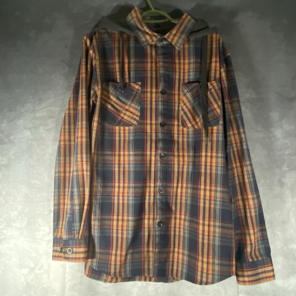Zoo York Hooded Flannel Shirt Mens L Button Up Brown Plaid Streetwear Skater